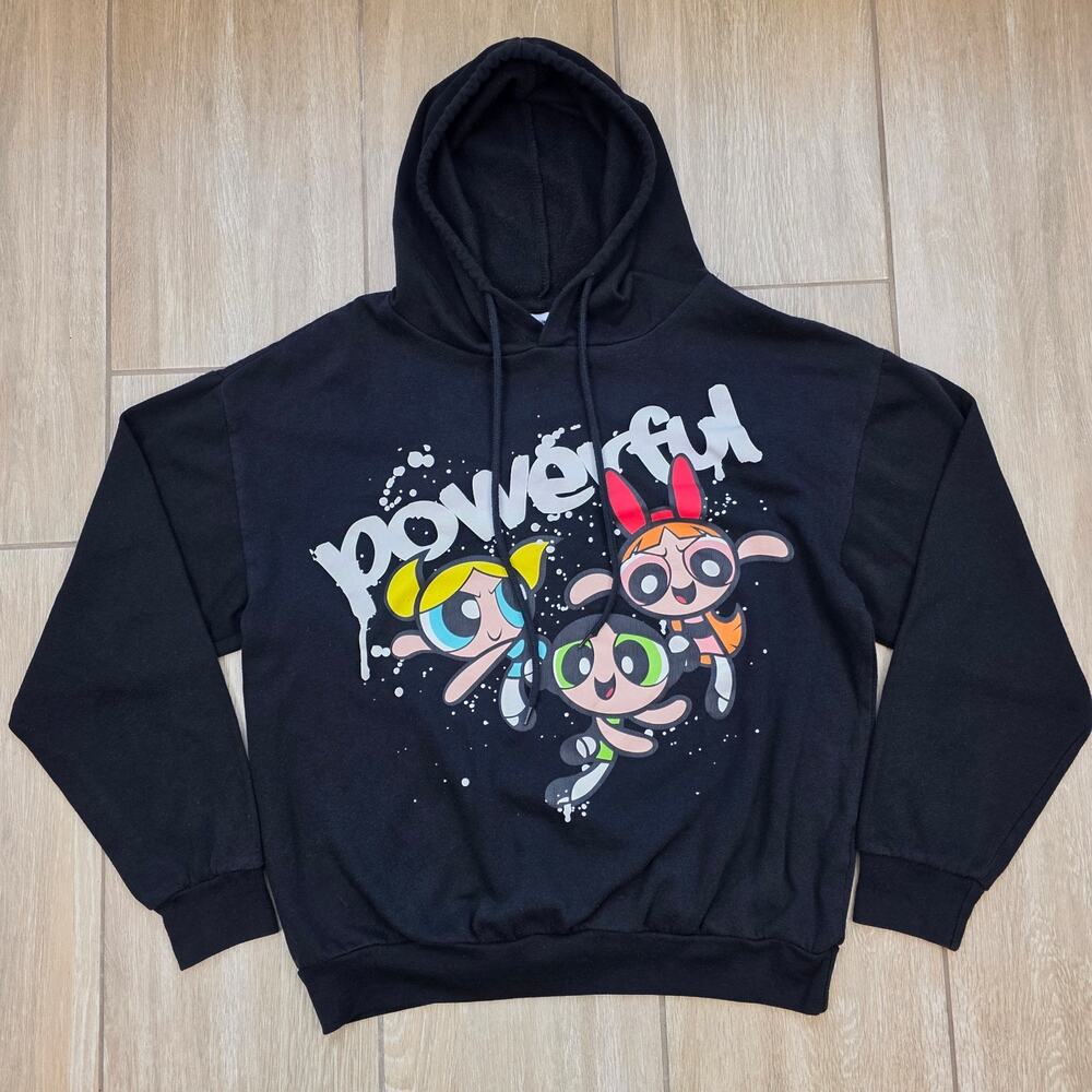 Powerpuff Girls Hoodie M Cartoon Network Black Graphic Pullover Sweatshirt